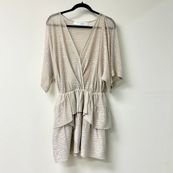 IRO Wide Shimmer Sheer Plunging Neck Blouson Mini Dress Gold Women's 36 / US 4 - Picture 2 of 5